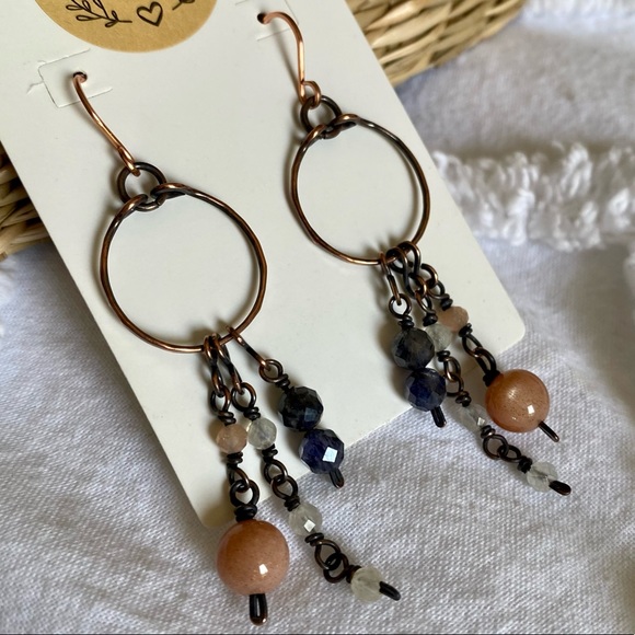 Iolite + Moonstone Handcrafted Copper Earrings - Picture 5 of 7